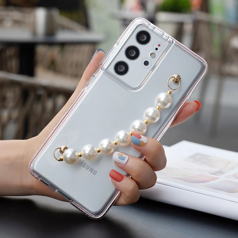 

Fashion Pearl Wrist Strap Chain Phone Case For Samsung S21 Ultra A12 A51 A71 A72 A52 Wavy Grain Frame Transparent TPU Soft Cover