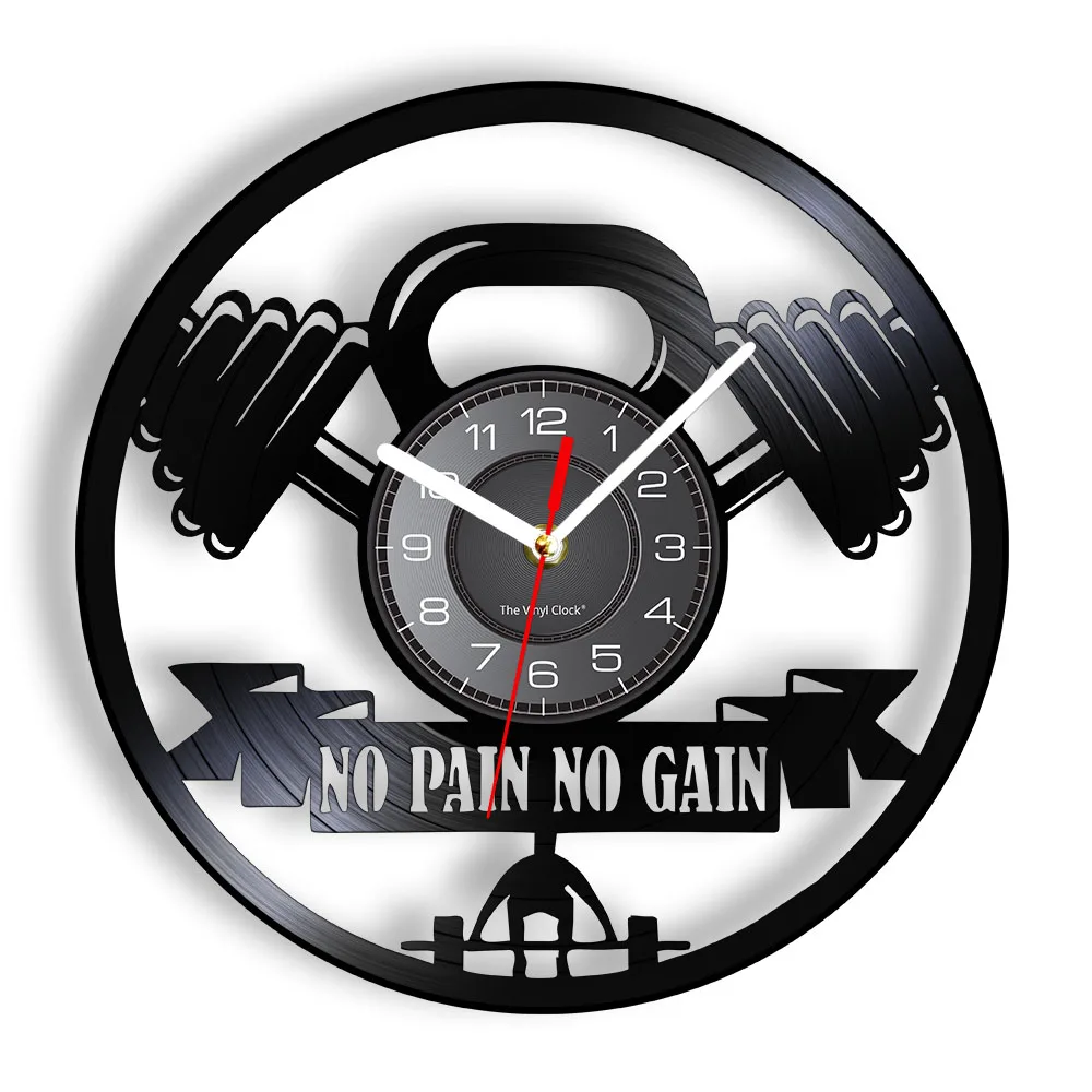 

NO PAIN NO GAIN Barbell Weight Lifting Silent Wall Clock Home Gym Fitness Room Sign Vinyl Record Wacth For Bodybuilding Center