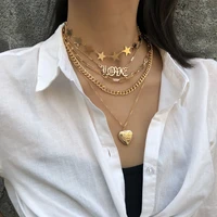 gothic punk sweet love heart choker necklace statement steampunk layered star gold color big chunky chain necklace women jewel