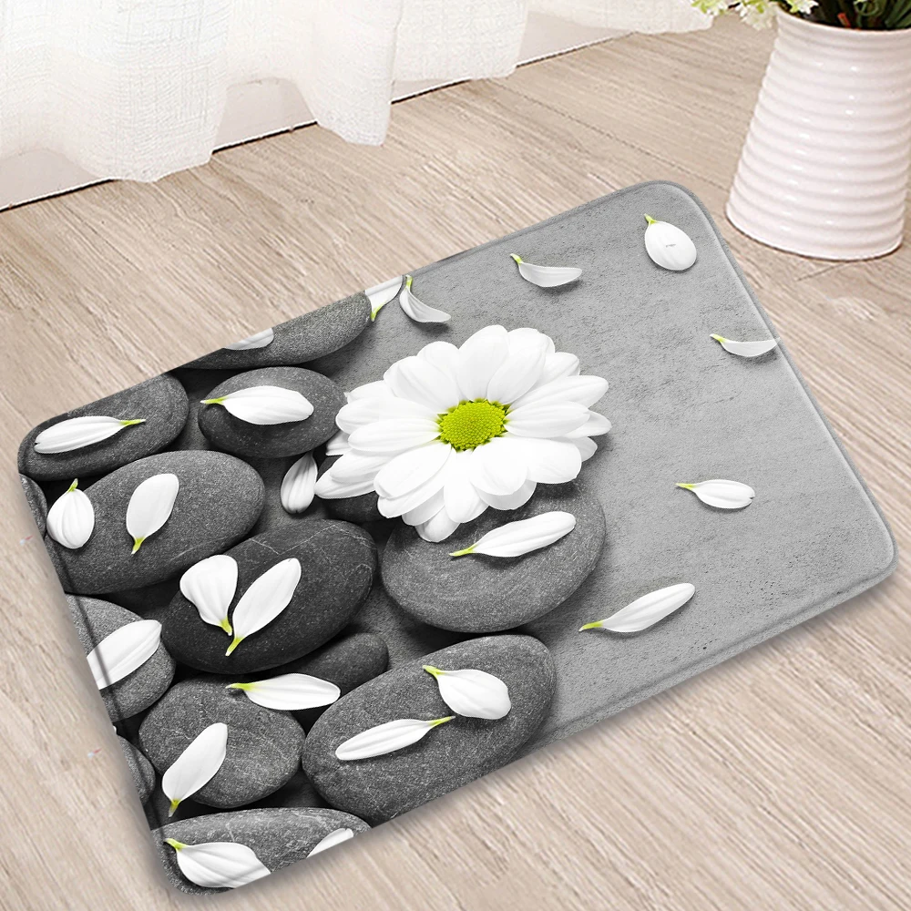

Zen Stone Bathroom Mat Daisy Flower Phalaenopsis Buddha Statue Ocean Door Welcome Rug Bedroom Kitchen Non-slip Carpet Washable