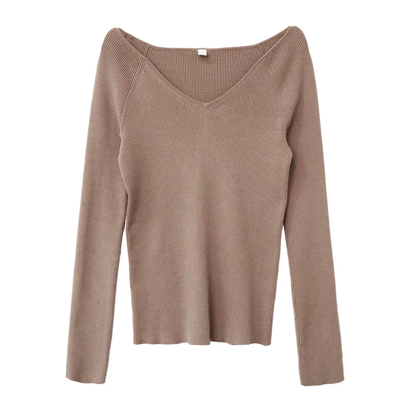 

2021 Spring New V-neck Long-sleeved Solid Color Cotton Slim Stretch Simple Fashion Bottoming Sweater Women