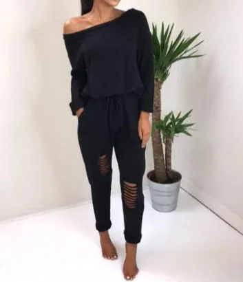 Женский комбинезон с открытыми плечами Осенний пикантный в стиле панк дырками