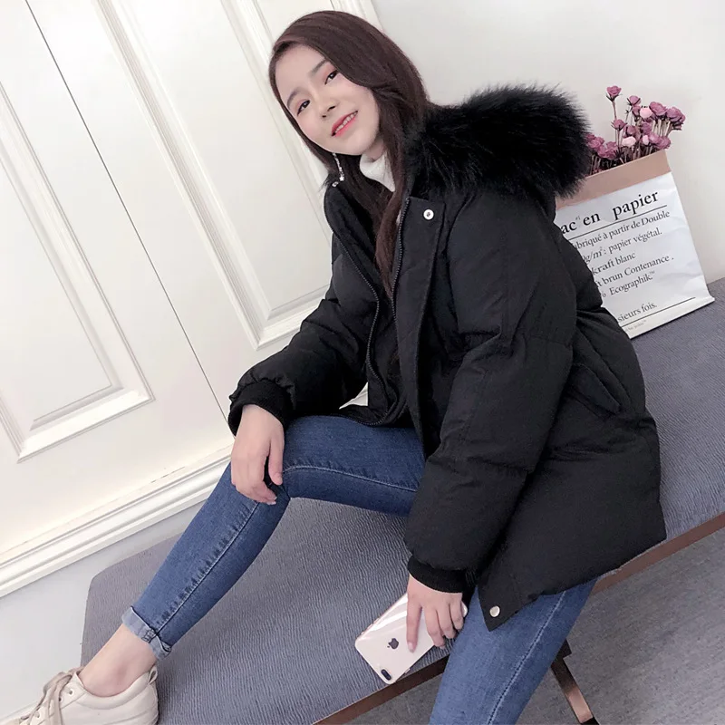 

Winter Jacket Women Fox Fur Collar Loose Short White Duck Down Jacket Thick Warm 2020