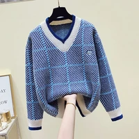 2022 womens pullovers knitted korean style fashion plaid wool sweater for women autumn long sleeve v neck casual knitwear tops
