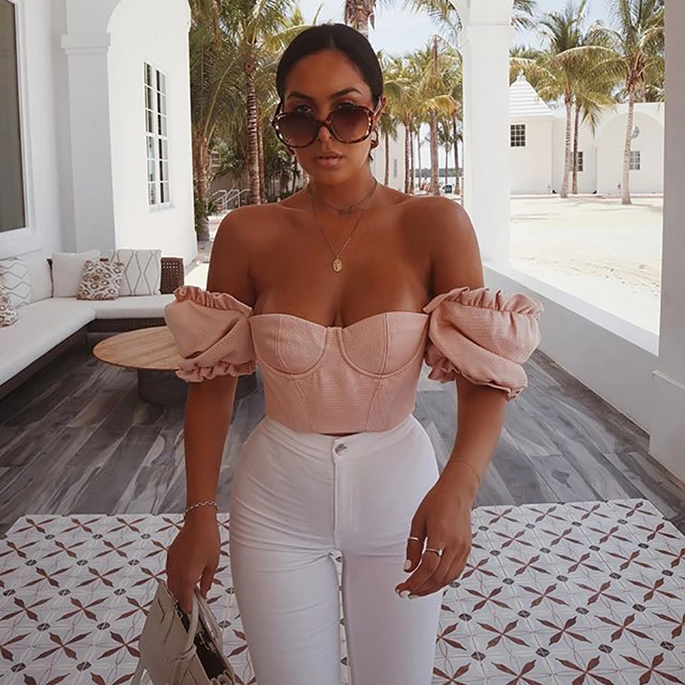 

Summer Women Slim T Shirt Short Puff Sleeve Slash Neck Gather Sexy Navel Chest Wrap Strapless Backless Crop Top Pullover