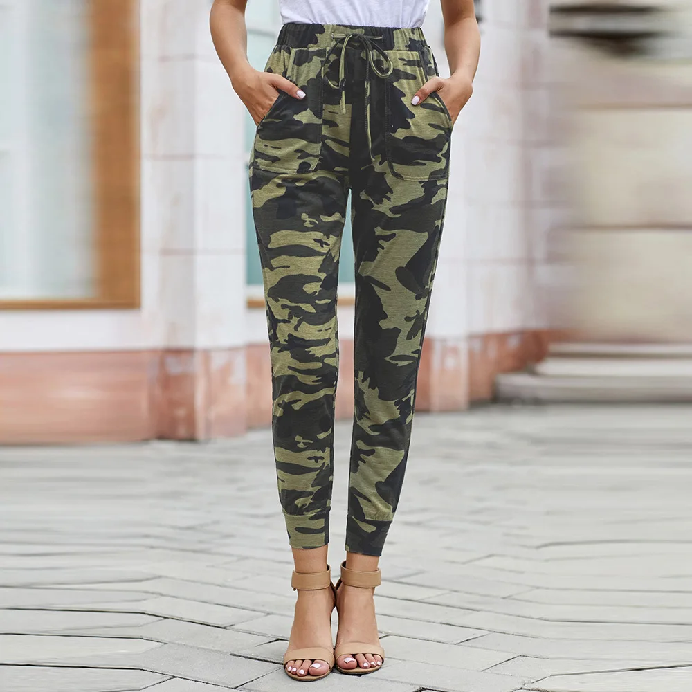 

Women Fashion Camouflage Casual Sports Pants Lacing Pockets Print Elastic Waist With Drawstring Bottoms Culotte Pants