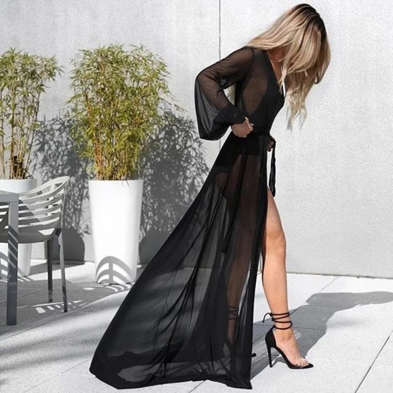 

Translucent See Through Women Dress Summer 2021 Sexy And Club Beach Sukienka Kimono Cardigan Chiffon Dress Long Mesh Dress Loose