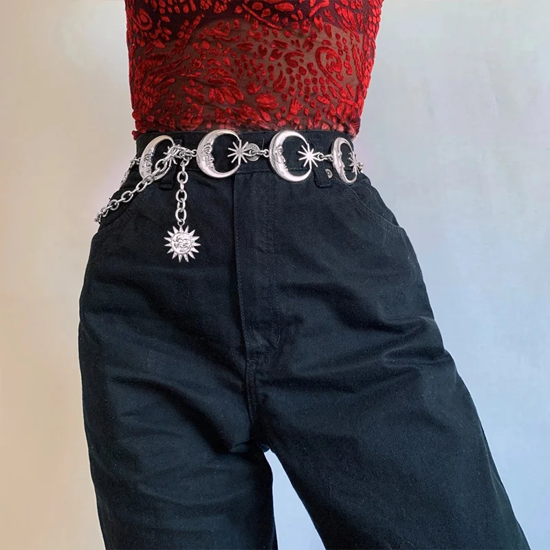 

2021 Harajuku Punk Moon Metal Belts Women Vintage High Waist Chain Waist Belts Gothic Moon Sun Sliver Pendant Belts Female