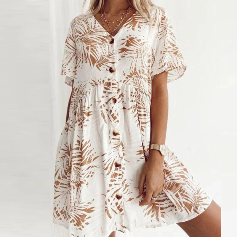 

Women Casual Single Breasted Button Shirt Dress Spring Printed Hem A-Line Mini Dress Sexy V Neck Short Sleeve Summer Beach Dress