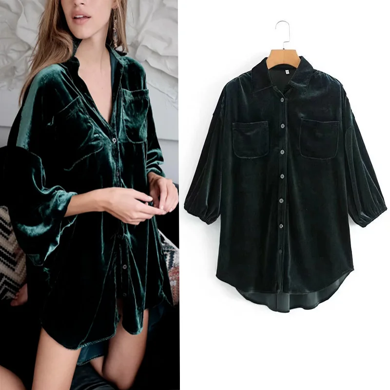 

Za Autumn Winter Solid Color Velvet Woman's Shirt Lapel Puff Sleeve Blouse Fashion Buttons Pocket Shirt Vintage Irregular Hem