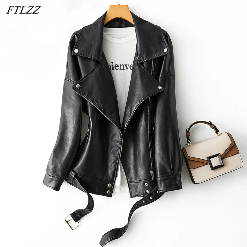 

FTLZZ Spring Women Overiszed Turndown Collar Faux Soft Leather Jacket with Belt Moto Biker Loose Black Pu Leather Coat Outwear