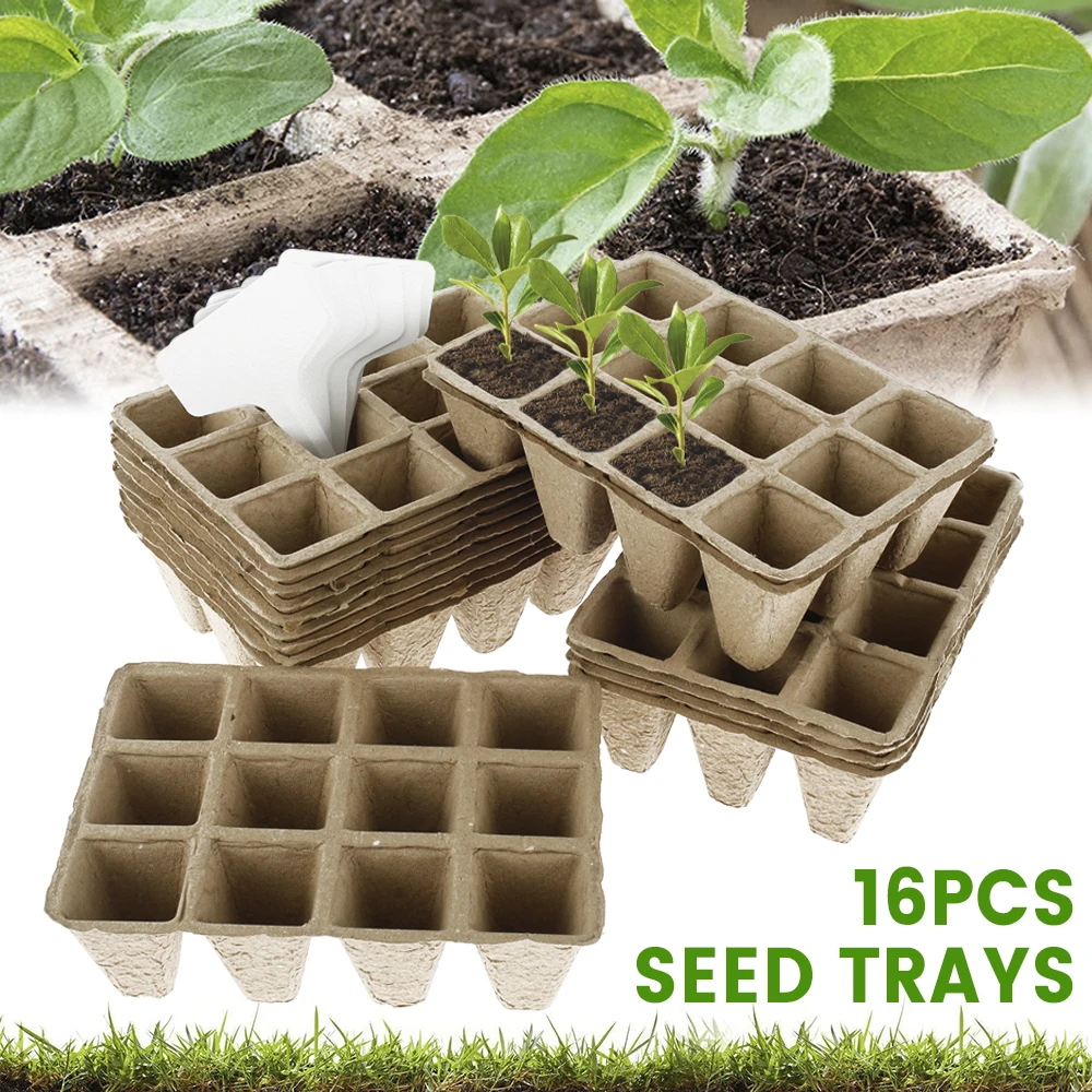 

16pcs Seed Starter Pots Trays Kit 12-Grid Biodegradable Peat Pots and 15pcs T-Shape Plant Labels Tags Home Garden Planting Tray