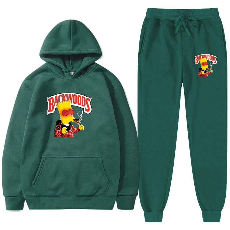 

2022 New Men Hoodies Sweatshirts Hip Hop Anime Backwoods Printed Plus Fleece Suit Fashion Pullover Sportswear Casual Hoody+Pants
