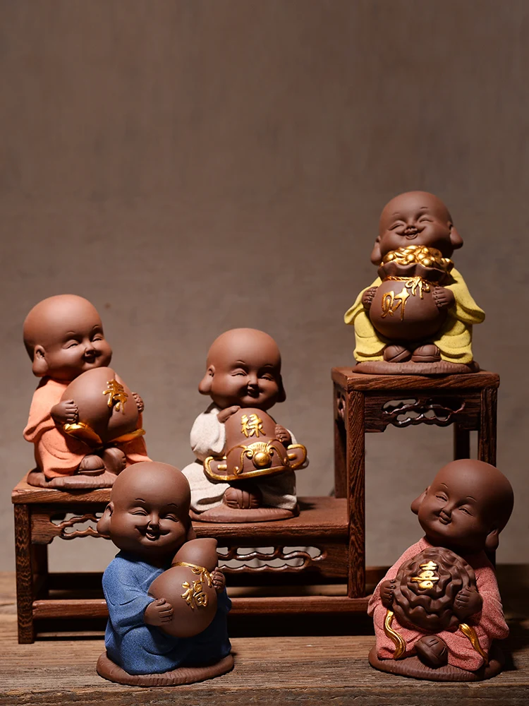 

MARVELLOUS ART GIFT # SPIRITUAL REALM OFFICE HOME BUDDHISM CHAN DAO 5P LUCKY LITTLE MONK FENG SHUI PORCELAIN POTTERY ART STATUE