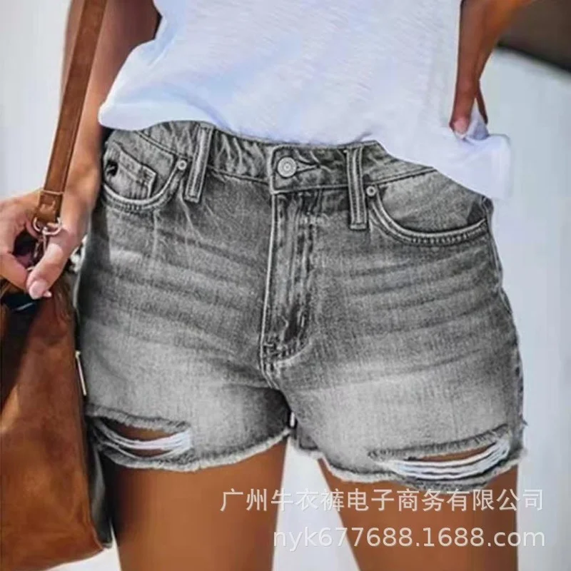 

WEPBEL Women Vintage Denim Hole Shorts Mid Waist Summer Casual Female Distressed Straight Mini Shorts Plus Size Jeans