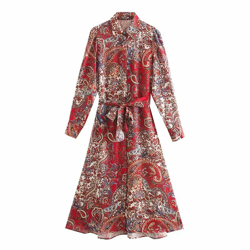 

Dress Women 2021 Vintage Printed Midi Dress Ladies Fashion Tied Belt Long Sleeve Lapel Collar Button-up Elegant Shirt Dresses