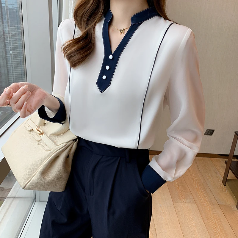 

Chiffon Loose Women's Shirts New Fashion Blouses Solid Color V-neck Shirts Autumn Casual Long Sleeve Blusas Houthion