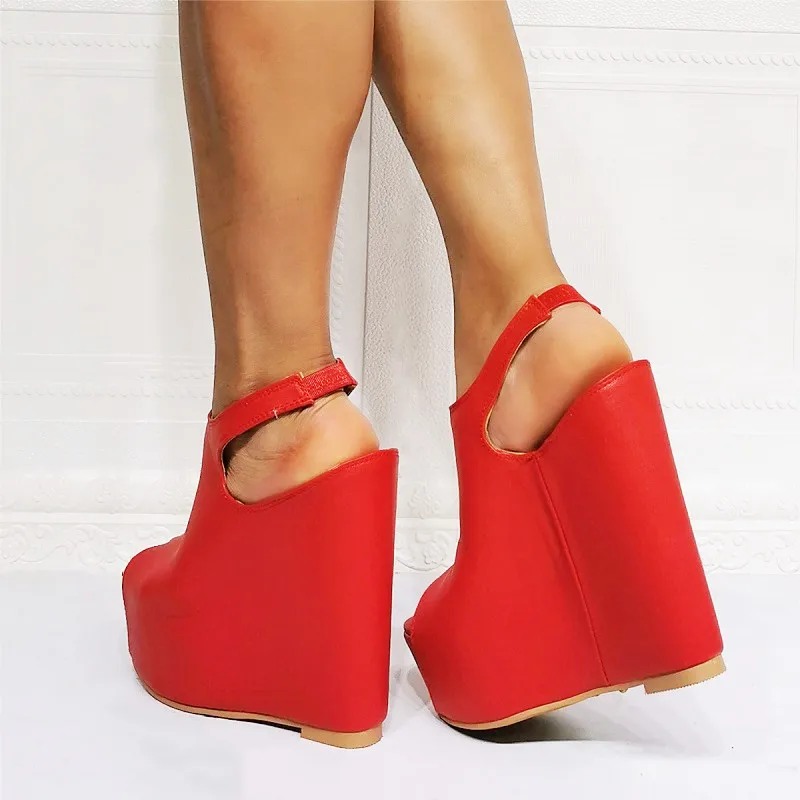 

High Quality Red PU Leather Wedge Sandals Women Newest Fashion Peep Toe High Platform High Heels Ladies Summer Party Dress Shoes