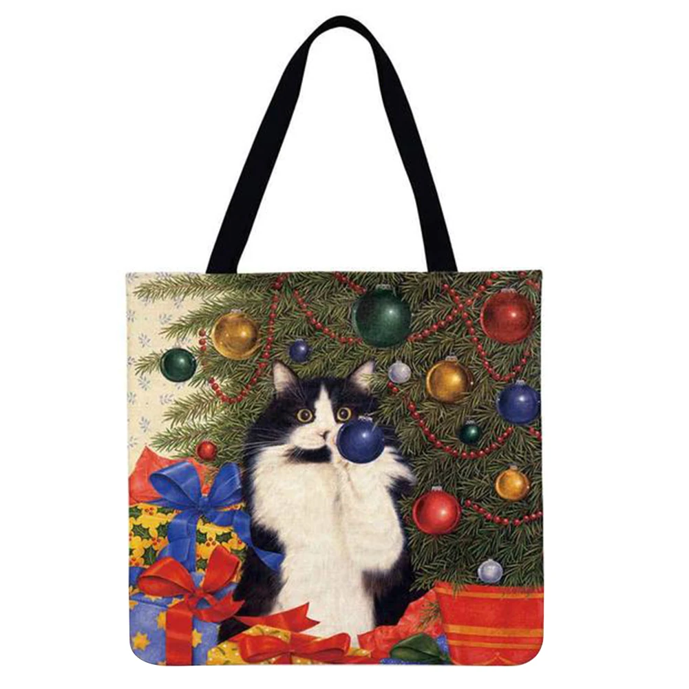 

Fashion Women's Bag Christmas Cat Printed Shoulder Shopper Bags 2021 New Casual Female Bag Large Capacity Linen Tote Handbags