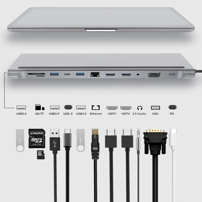 

12 в 1 Тип-C концентратор 4K док-станция USB C PD ноутбук к вашим услугам док-станция для MST двух мониторов двойной HDTV VGA RJ45 SD TF Card Reader для ноутбука ...