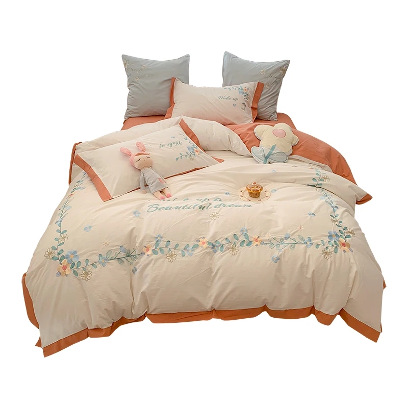 

Fresh Cotton Yarn-Dyed Washed Cotton Four-Piece Set Pastoral Small Flower Embroidered Quilt Soft Breathable Bedding bedding set