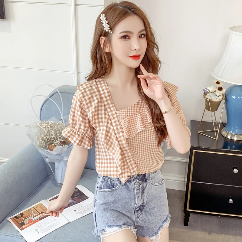 COIGARSAM Блузка с оборками женская новая летняя Клетчатая Свободная блуза