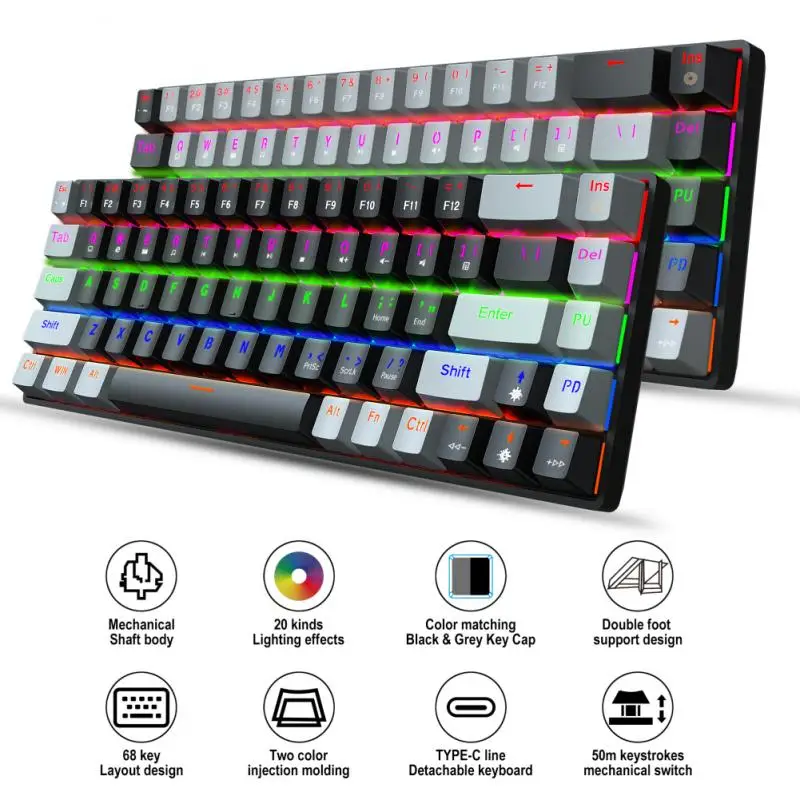 

Клавиатура Механическая V800 с RGB-подсветкой, двухцветная Проводная игровая клавиатура с 68 клавишами, синяя/красная оси светодиодный для рабо...