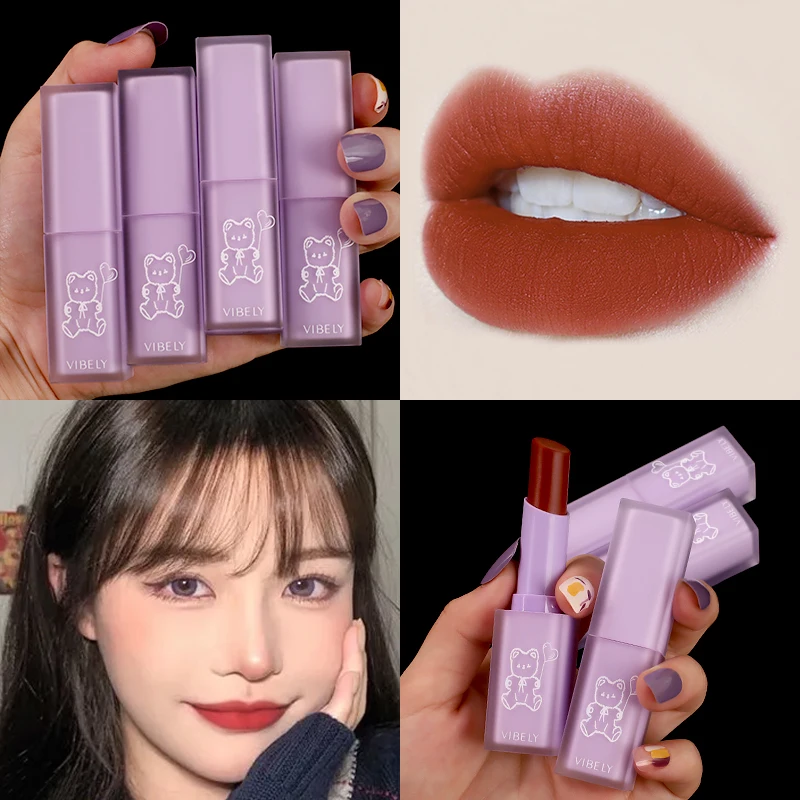 Новые милые помада медведь матовая Водонепроницаемый бархатная Губная 8 цветов
