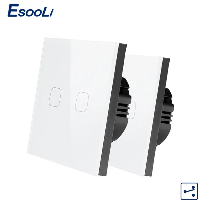 2 Gang 2 Way White Esooli ЕС стандарт 1/2 банды 2 способ управления настенный сенсорный экран переключатель, Хрустальная стеклянная панель, крест/через переключатель, 2 шт./упак - Цвет: 2 Gang 2 Way White