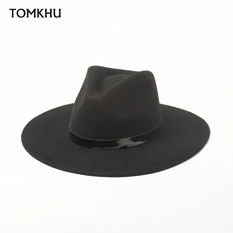 Classical Pure Wool Felt Hat For Female Wide Brim Fedora Hat Simple PU Leather Band Fall Winter Hat Black Derby Sombrero Mujer