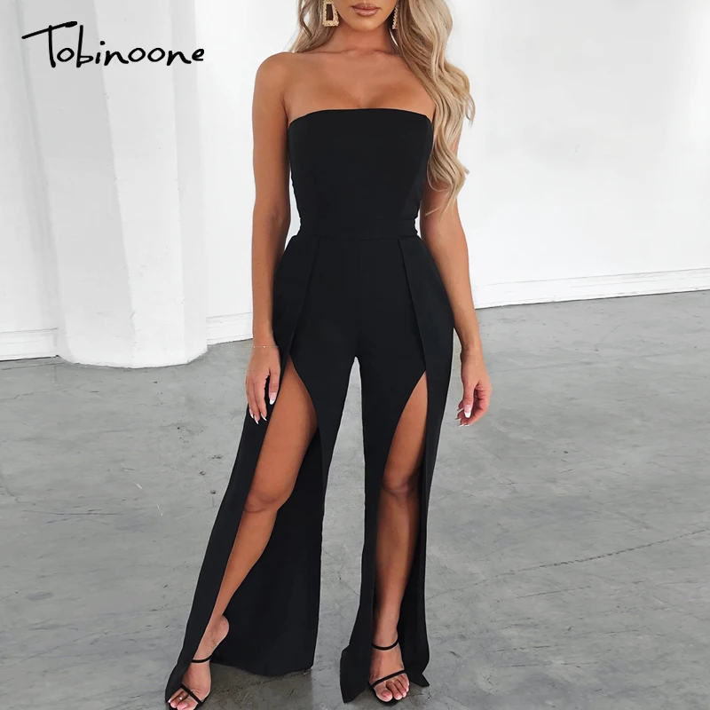 Женский комбинезон с открытой спиной без рукавов высоким разрезом |