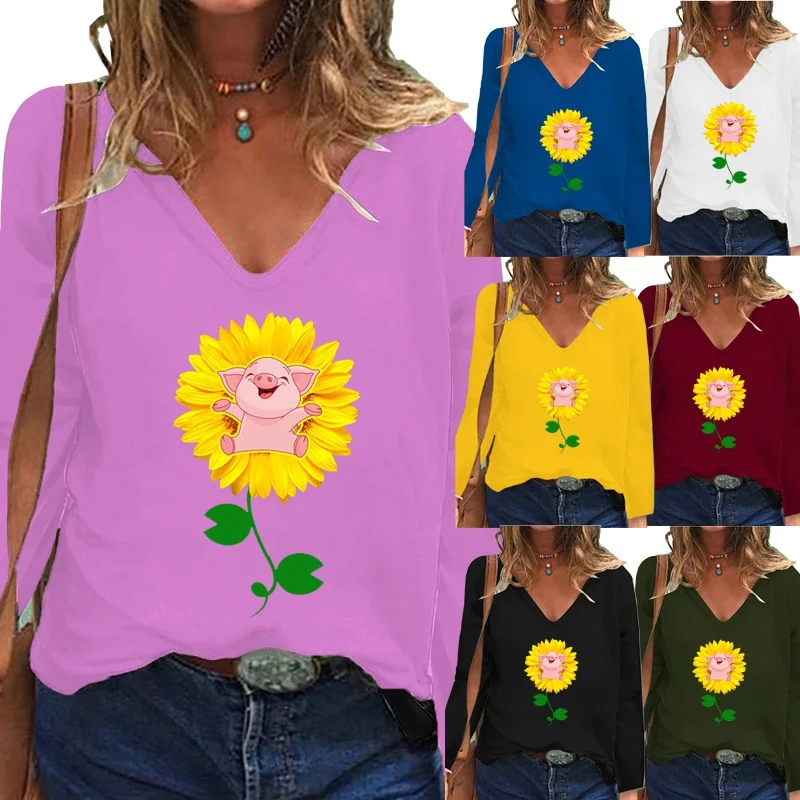 

Осенняя Женская Повседневная мода, Свободный Топ с глубоким V-образным вырезом, цветная рубашка с цветочным принтом и длинными рукавами, Жен...