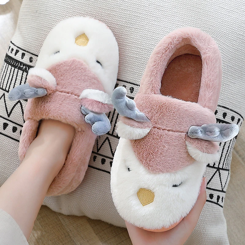 Women's Plus Size Bag with Cotton Slippers, Men's Home Cotton Slippers, Couple Indoor Cartoon Antler Plush Slippers, Size 36-45
