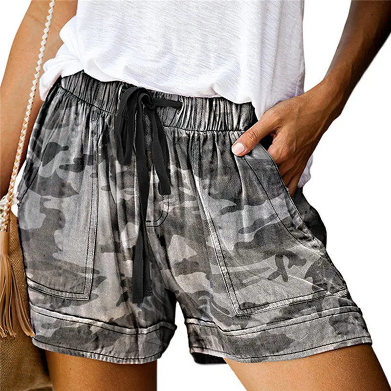 

New Women Casual Shorts Hot Camo Solid Color Elastic Waisted Female Summer Shorts Female Plus Size Bottoms With Pockets Summer
