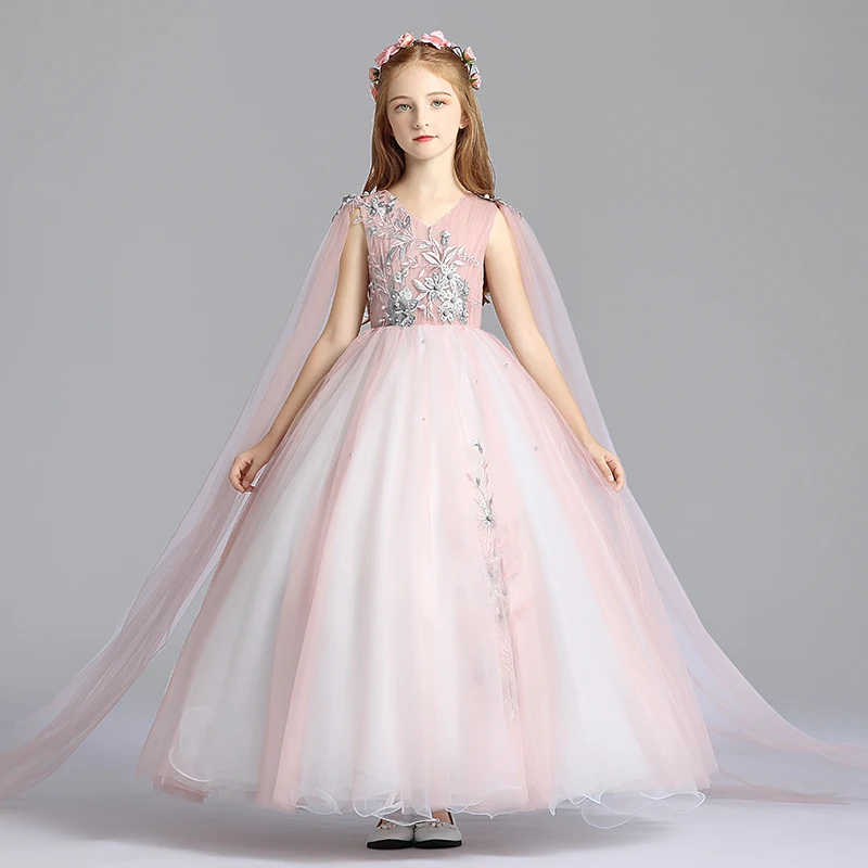 

Flower Girl Dress Illusion V-Neck Princess Sleeveless Floor-Length Lace Pleat Pink Tulle Pearls Embroidery Kids Party Gown H154