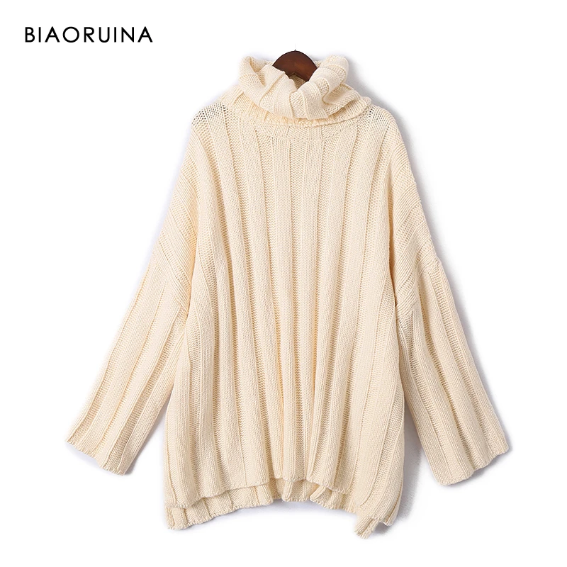

BIAORUINA Women Beige Vertical Solid Stripes Thick Warm Knit Turtleneck Sweater Female Oversized Elegant Fashion Winter Pullover