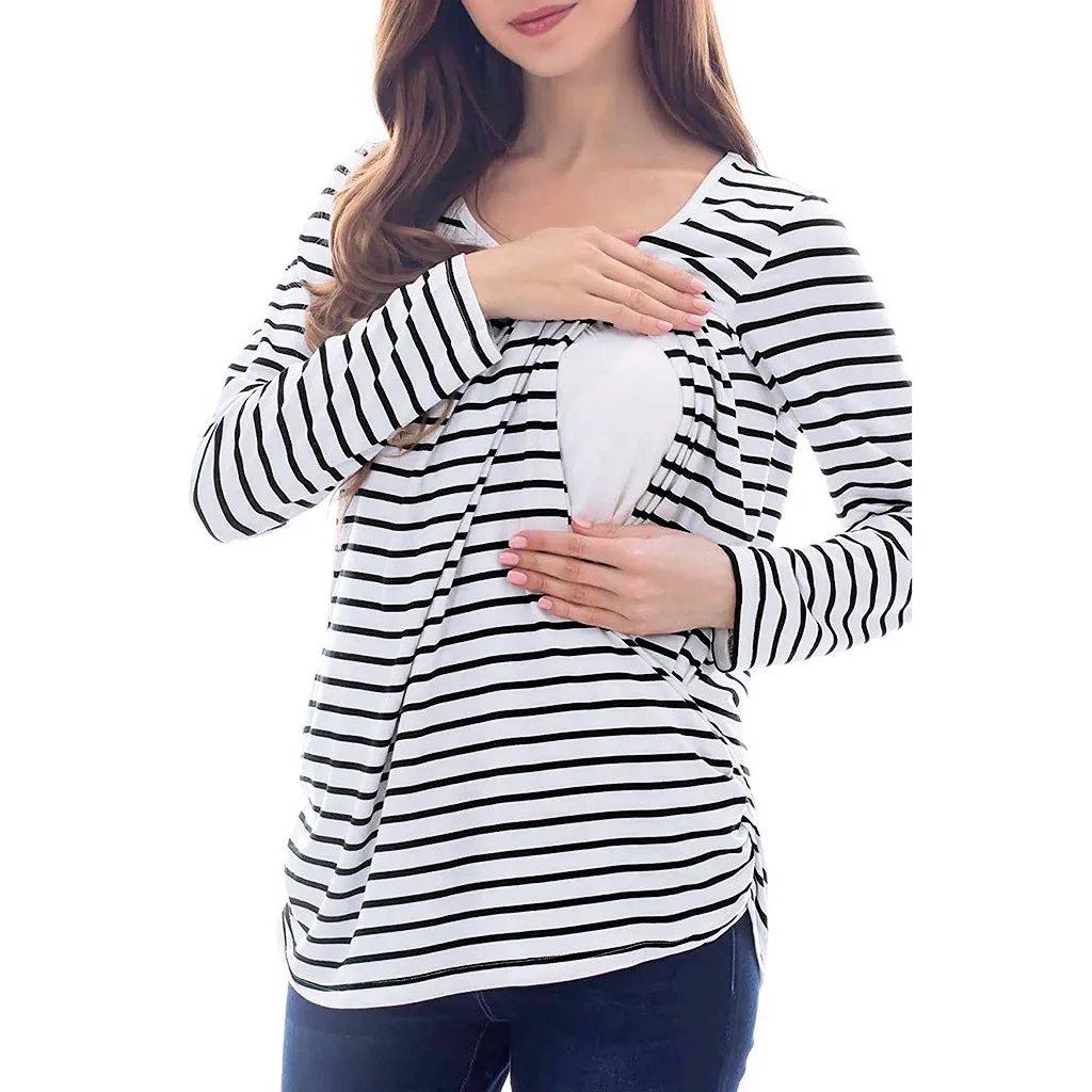 Для женщин блузка для беременных с длинным рукавом в полоску кормления футболки
