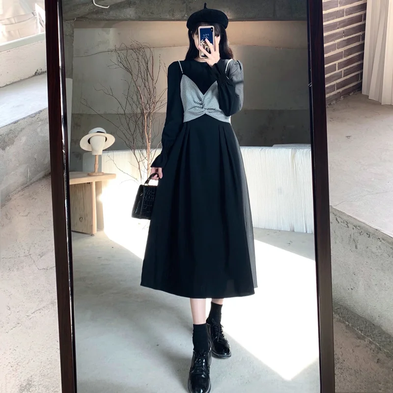 Черное платье с длинным рукавом женское осеннее новый комплект из двух предметов