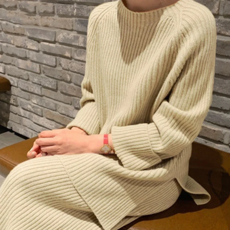 Женский Повседневный трикотажный комплект из 2 предметов свитер с разрезом на