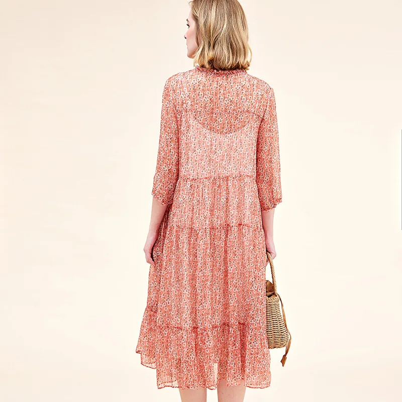 Шелковое платье пуловер средней длины шелковое с цветочным принтом и рукавом