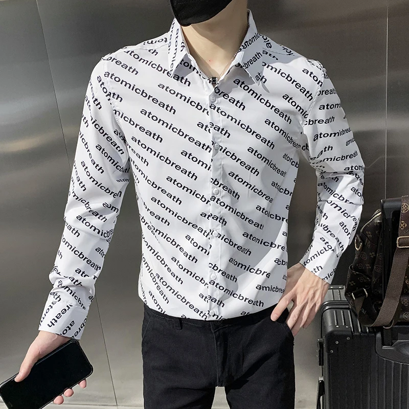 2021 Autumn Men's Full Letter Print Shirt Slim Long Sleeve Casual Shirt Business Formal Dress Shirts Social Party Chemise Homme