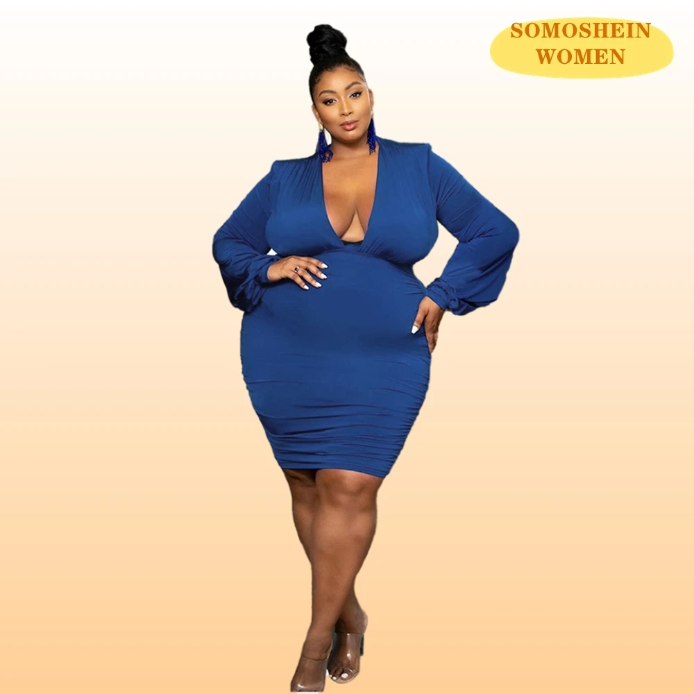 

Somoshein Plus Size Dresses for Women Deep V-neck Elegant Woman Clothes Elastic 5XL Bodycon Mini Dress Wholesale Dropshipping