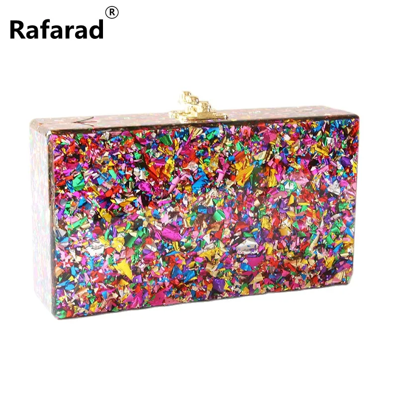 

New Colorful Color Acrylic Box Clutches Women Messenger Shoulder Day Clutches Lady Fashion Glitter Flap Shell Nice Acrylic Bags