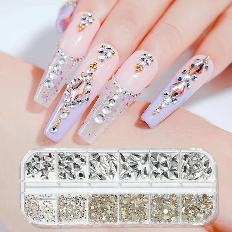 

12Gird Box Multi Size AB/Colorful Hotfix Rhinestones Flatback Crystal Diamond Gems 3D Glitter Nail Art Luxurious Decorations