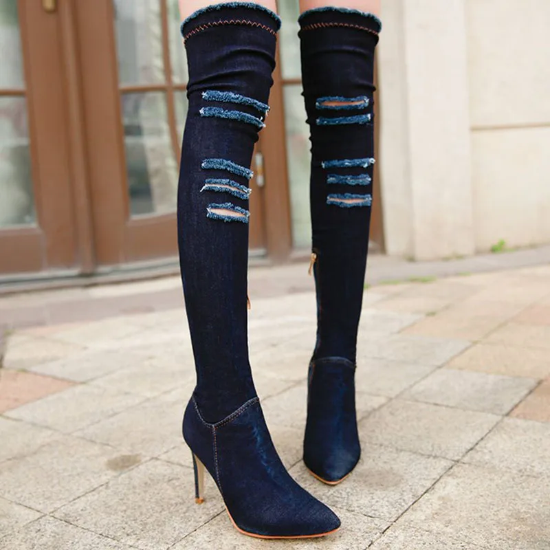 

2020 New Over-the-knee Boots Autumn Denim Hole Breathable And Comfortable Long Boots Pointed Toe Stiletto High Heel Shoes