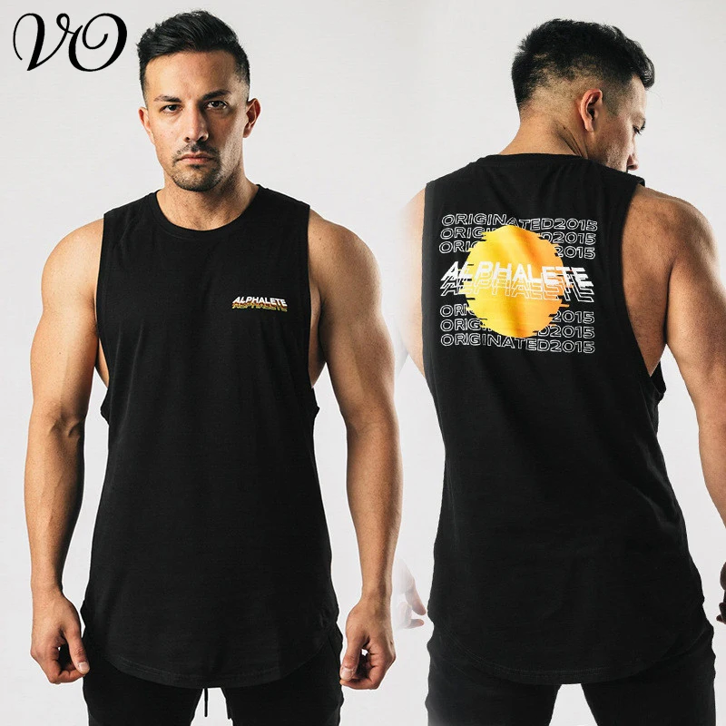 

New casual black men's vest wide shoulder sleeveless round neck top jogger fashion fitness sportswear men's clothing