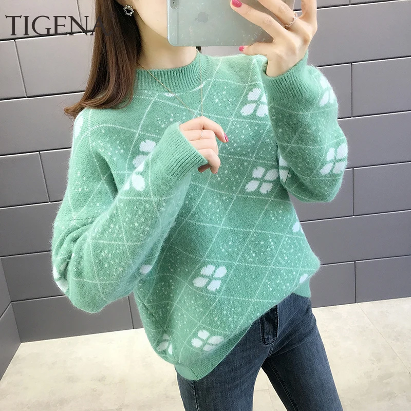 TIGENA 2019 Fall Winter Women Sweaters and Pullovers Korean Fluffy Cute Long Sleeve Sweater Female Green Blue Jumper | Женская одежда