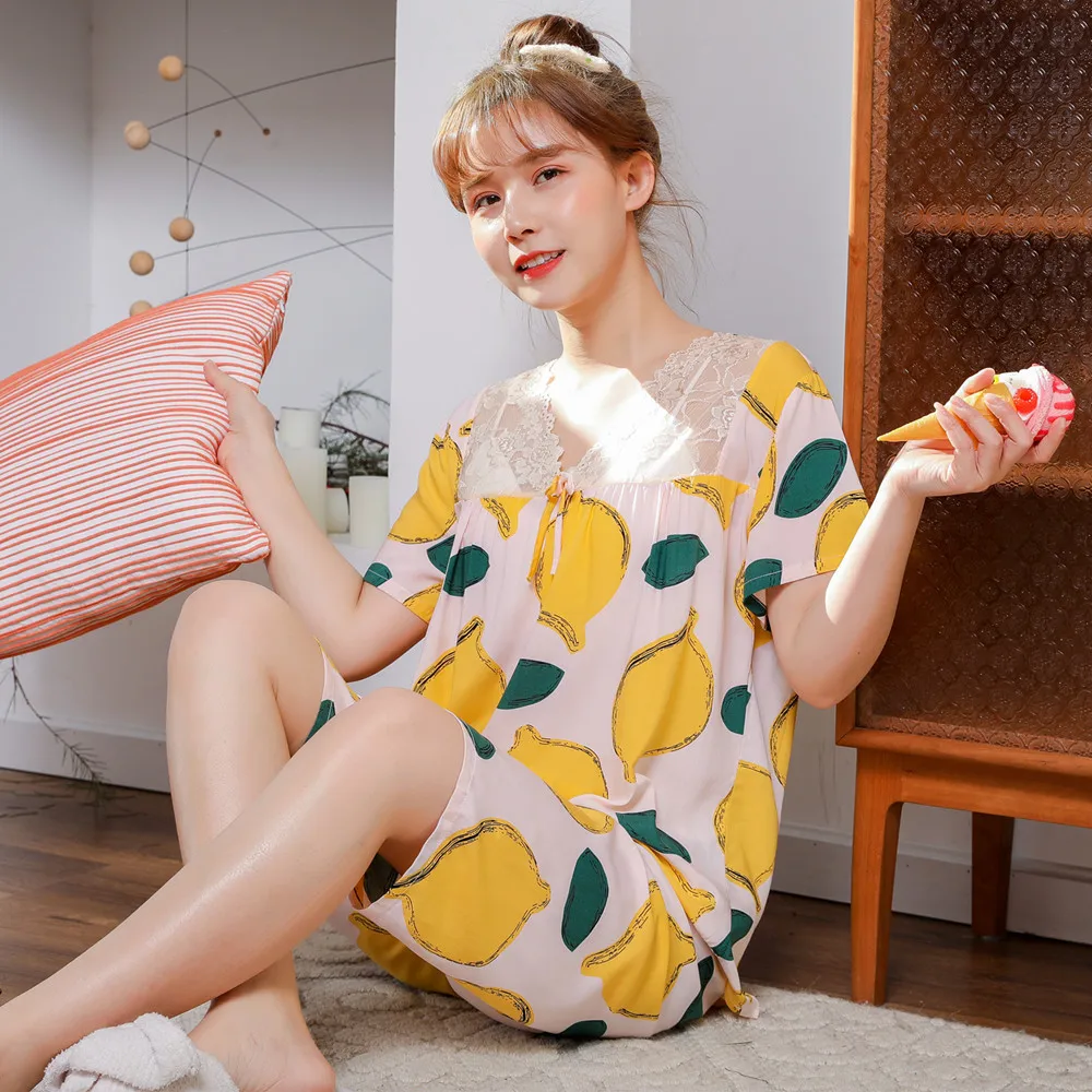 

Pajamas Sets Women Homewear Cotton Cartoon Lace T-shirt With Shorts Cute Home Pyjama Loose Casual Young Girl Sleepwear