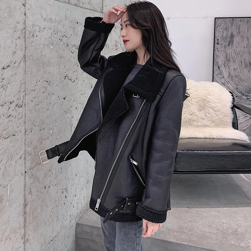 

LY VAREY LIN Women Beige Fur Faux Leather Jacket Coat Turn Down Collar With Belt Thick Warm Faux Lamb Leather Oversized Outwear