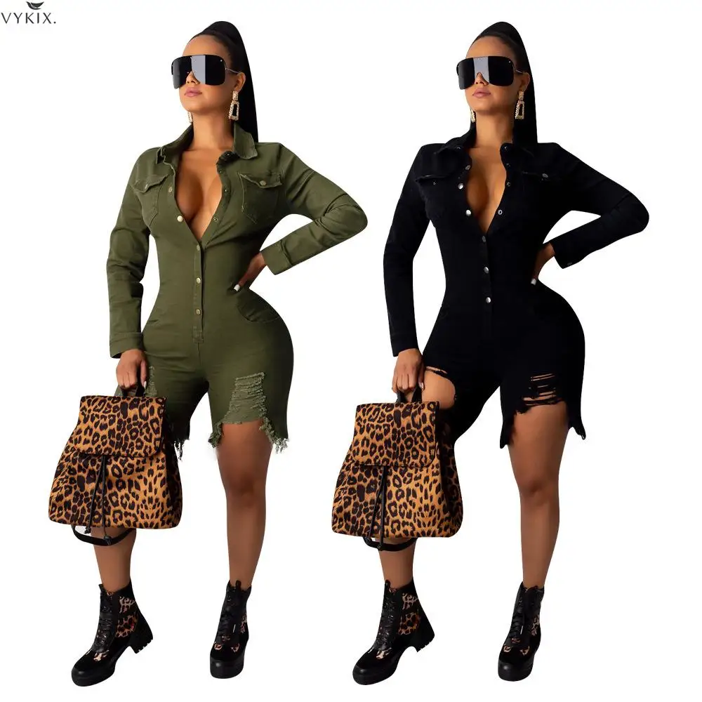 Полный рукав джинсовые сексуальные комбинезоны с пуговицами бандажные